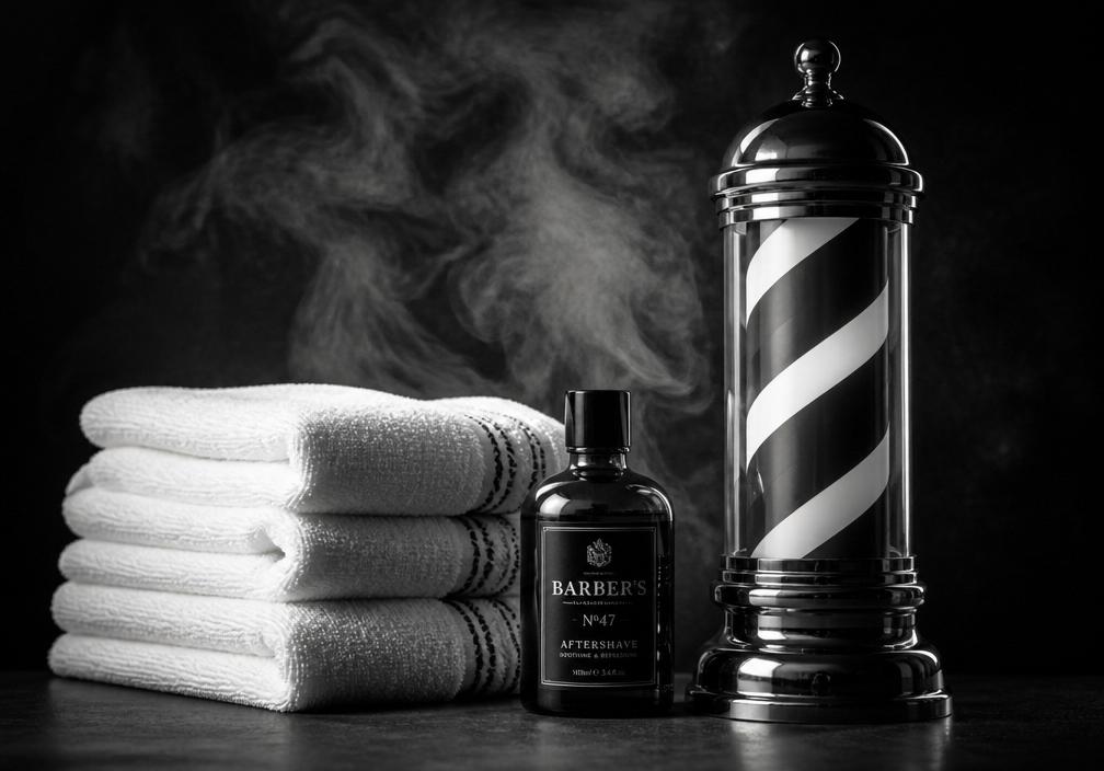 Towels, aftershave and barber pole